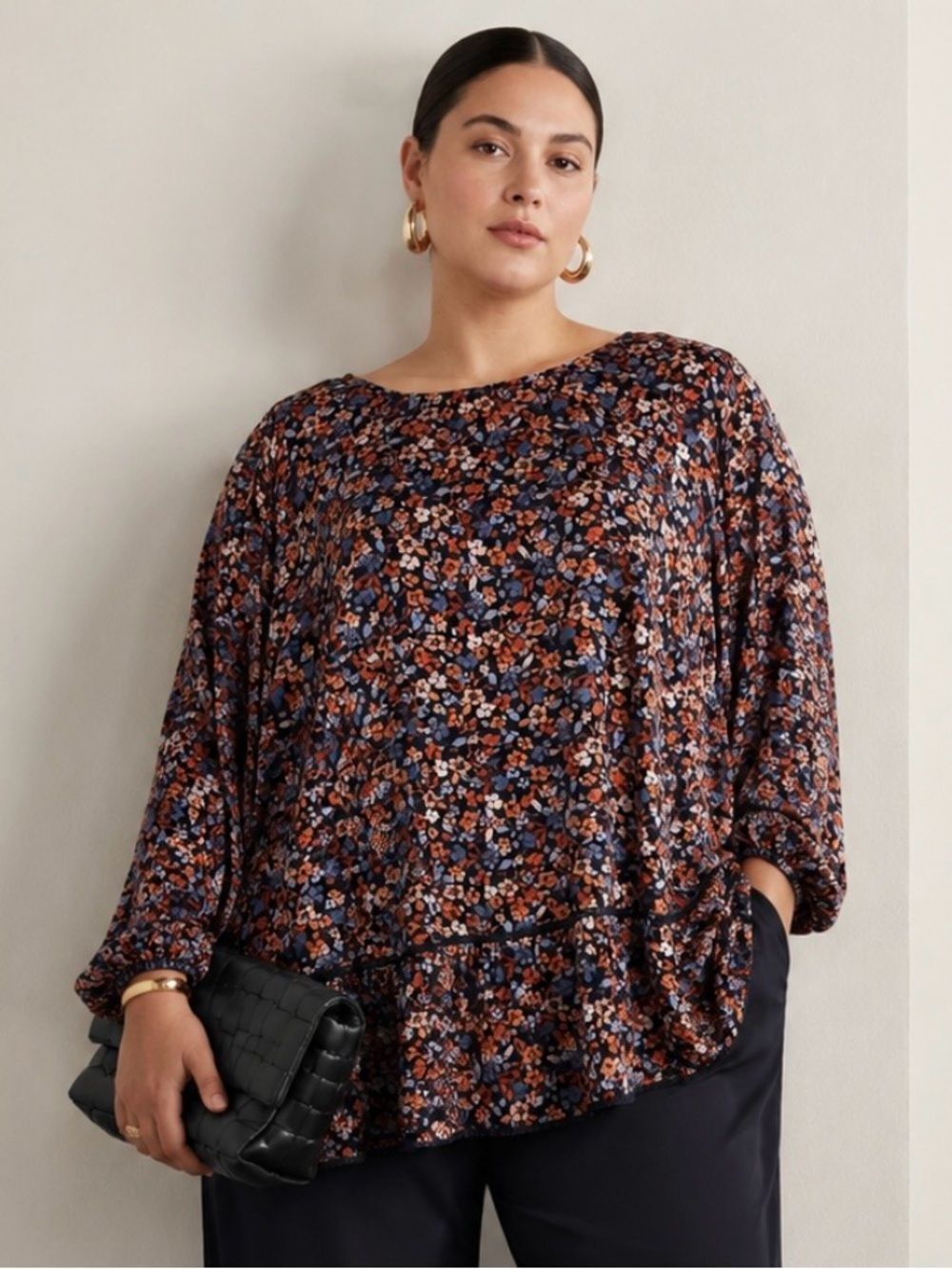 J. JILL Floral Blouse in Navy with Rust and Cream Size XL